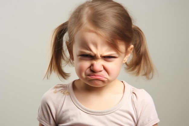 A toddler is frowning and she shows frustration