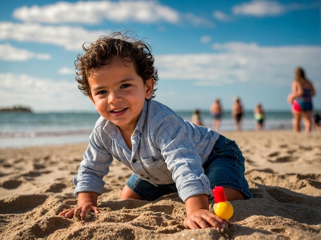 Foto un bambino sta giocando nella sabbia sulla spiaggia