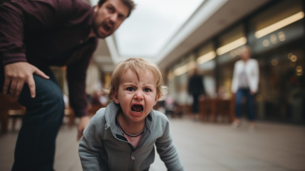 Foto un bambino sta urlando e suo padre la guarda o il suo ai