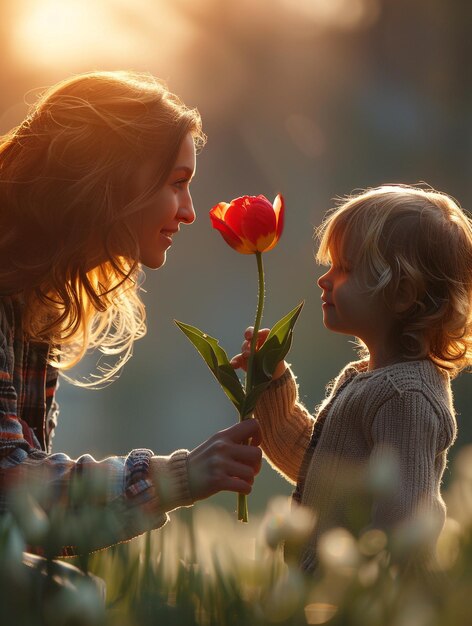 Foto bambina che consegna a sua madre un fiore di margherita nel prato di fiori