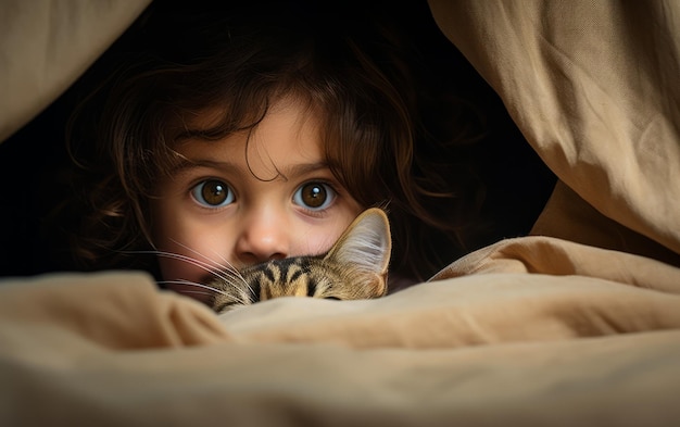 Toddler and kitten peeking out from behind a curtain