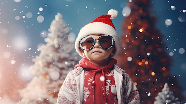 陽気なクリスマスの背景にサングラスをかぶった幼児モデルクリスマスのキャップと子供の長袖のTシャツ