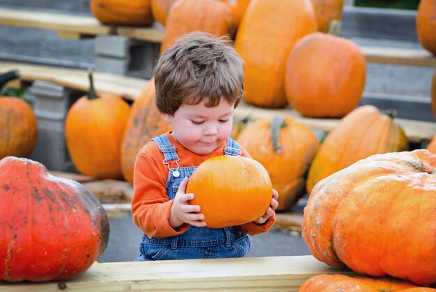 Photo toddler in overalls picks a perfect pumpkin at a farm to be his halloween jack o lantern