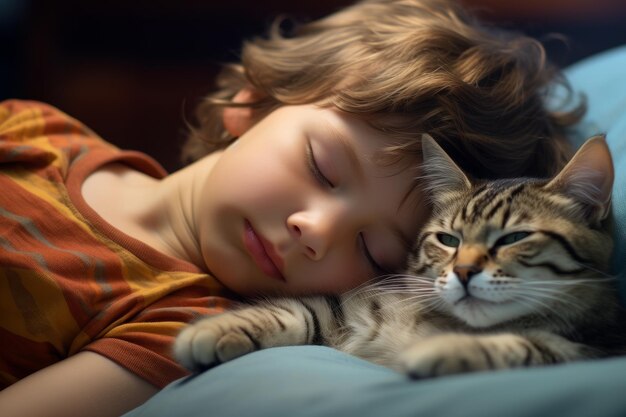 猫と平和に昼寝している幼児