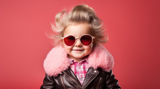 Toddler in pink fur coat and shades on red backdrop