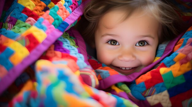 Toddler playing peekaboo with a colorful blanket