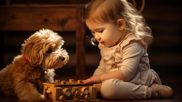 Toddler playing together with her puppy