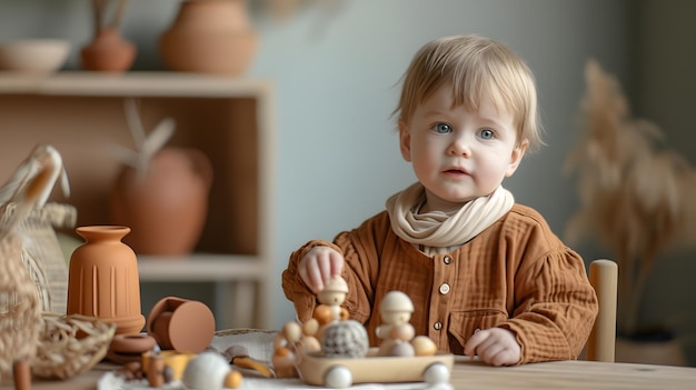 Маленький ребенок играет с деревянными игрушками за столом с вазами, создавая теплую и приятную сцену