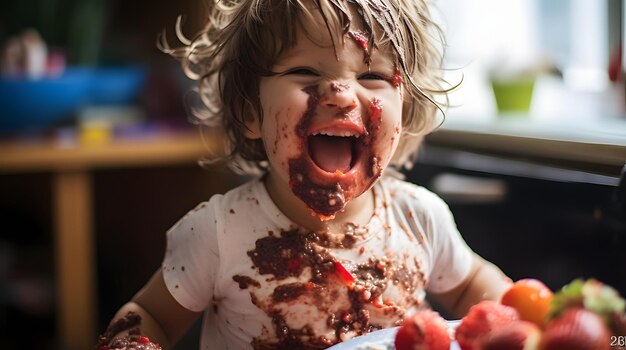 Toddler's first taste of a strawberry sweet and messy