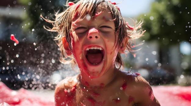 Foto il primo assaggio di anguria del bambino è disordinato e felice.