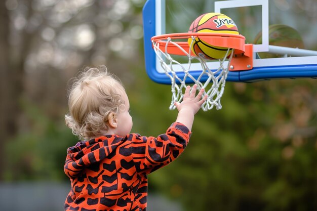 Фото Маленький ребенок стреляет в баскетбол в детский обруч