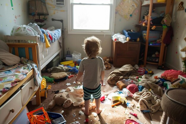 A toddler stands amidst a messy room post playtime