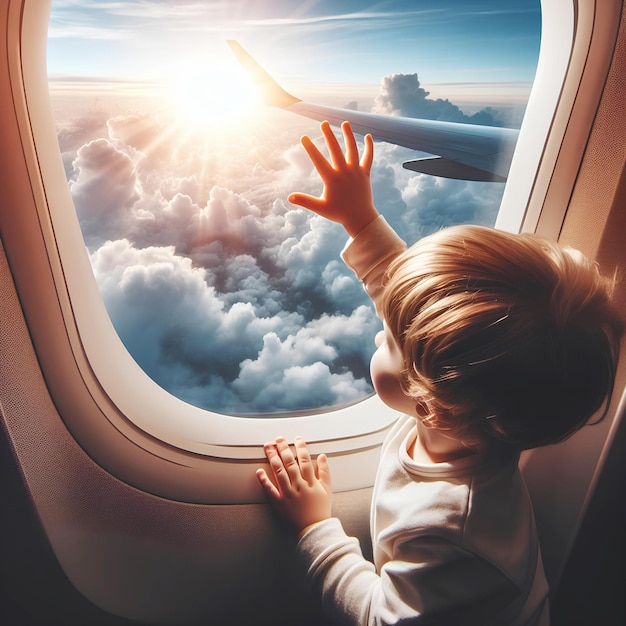 toddler stretches hand to the sky signifying curiosity and wonder during airplane flight with clouds