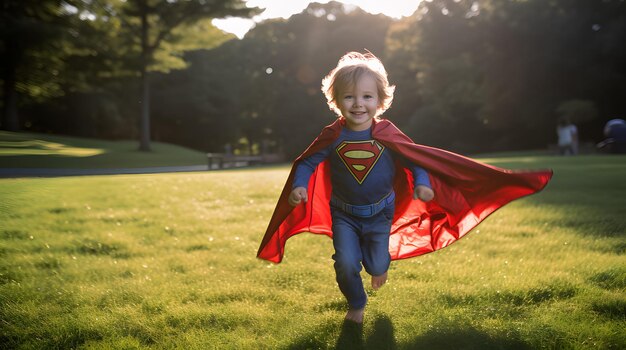 Photo toddler in a superhero cape running in the park