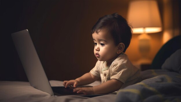 A toddler using laptop