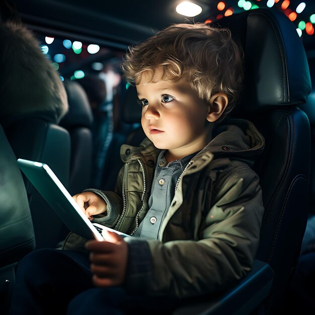 Малыш смотрит мультфильмы на планшете, загипнотизированный и все еще цифровой Альфа-поколение
