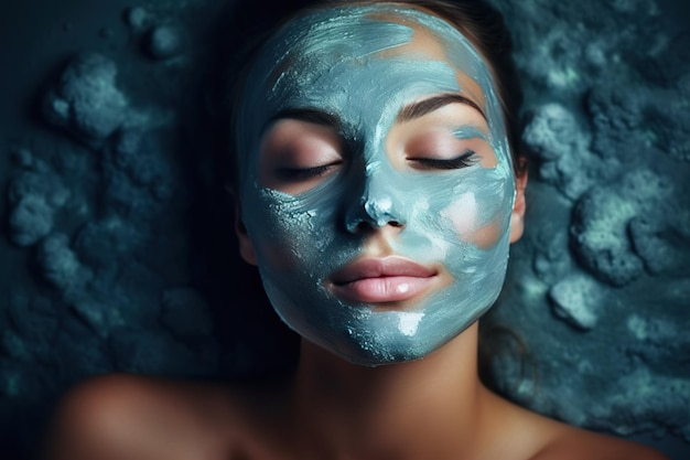 Toegeeflijk geluk Sereen model omarmt spa-ervaring met schoonheidsproducten voor het gezicht Masker Niet echt persoon Generatieve AI