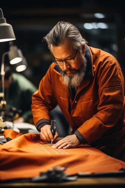 Toegewijde ambachtslieden die zorgvuldig patronen opstellen voor het maken van kleding in een fabriek