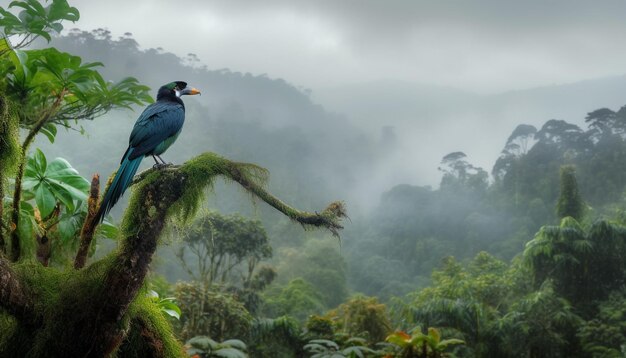 Foto toekan zitstokken op een tak in tropisch regenwoud, omringd door natuurlijke schoonheid gegenereerd door kunstmatige intelligentie