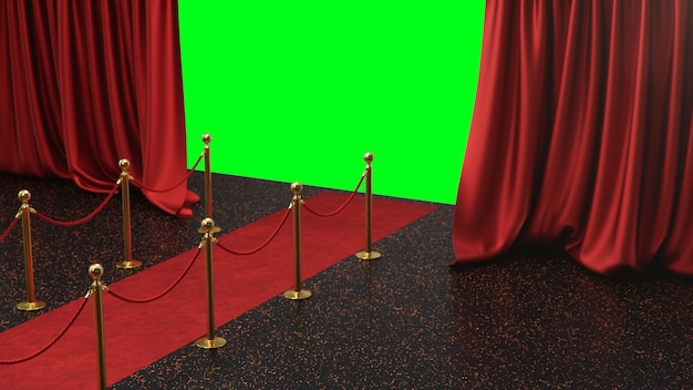 Toekenningsscène met open rode gordijnen op een groen scherm. Rood fluwelen tapijt tussen gouden heggen