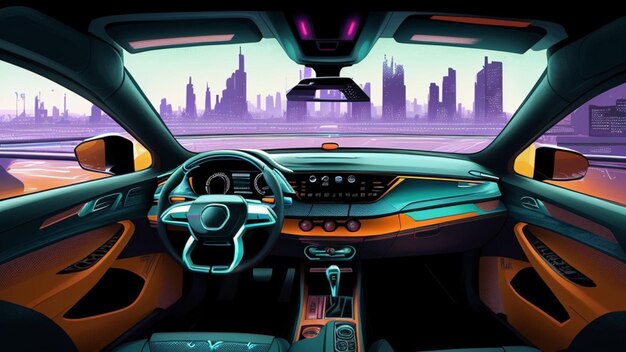 Toekomst auto interieur in een futuristische metaverse cyber sci-fi stad