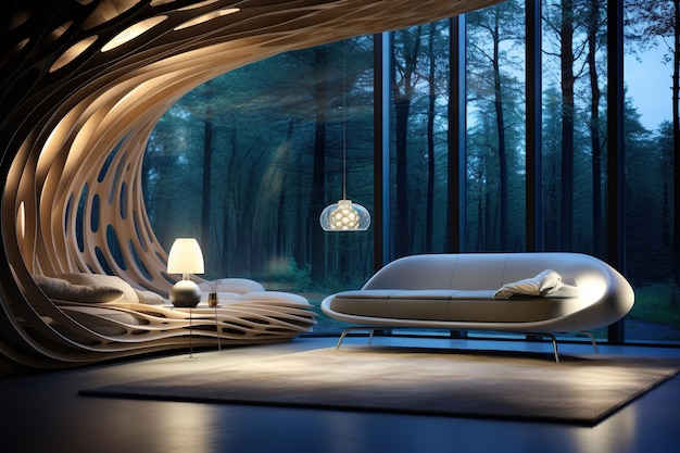 Toekomstig kamerontwerp moderne indeling gemoderniseerde huiskamer slaapkamer alternatief uiterlijk en structuur geometrie abstracte toekomstige woningindeling eenvoud creativiteit minimalisme verfijning