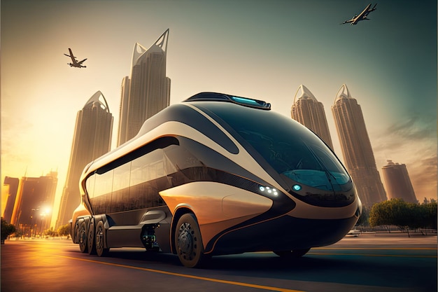 Toekomstig ontwerp van vliegende stadsvervoerbus op de achtergrond van de stad gemaakt met generatieve ai