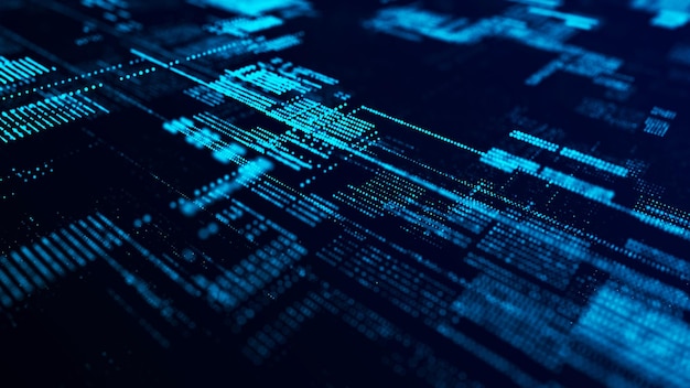 Toekomstige digitale cyberspace met bewegende deeltjes Sorteren en analyseren van digitale gegevens Technologie matrixalgoritme Beveiligingsopslaggegevens 3D-rendering