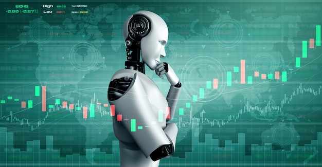 Toekomstige financiële technologie gecontroleerd door AI-robot met behulp van machine learning en kunstmatige intelligentie