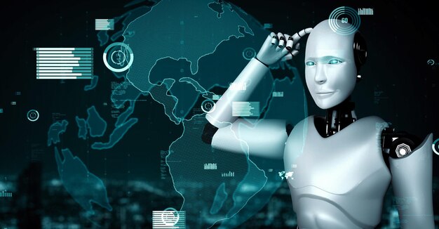 Toekomstige financiële technologiebesturing door AI robot huminoid maakt gebruik van machine learning