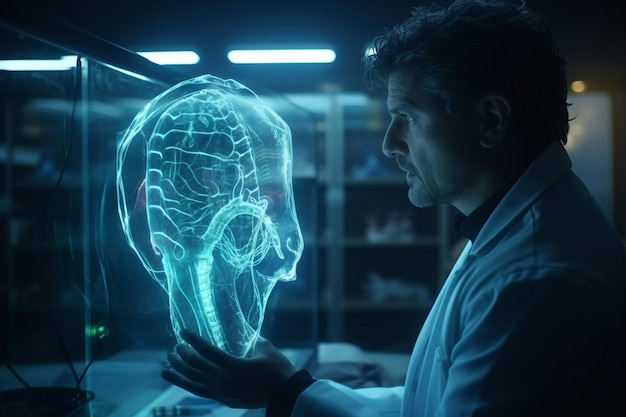 Toekomstige geneeskunde Geneeskunde arts met behulp van digitale medische futuristische interface Moleculair fluorescerend neuronennetwerk en DNA wordt gebruikt in de geneeskunde Gezondheidszorganalyse diagnosticeert laboratorium