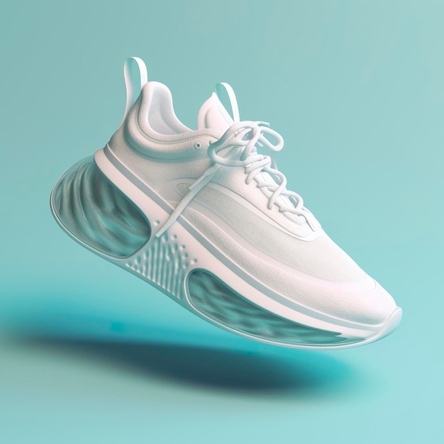 Toekomstige sneakers zijn geïsoleerd op witte achtergrond Modieuze stijlvolle sport casual schoenen Creatieve minimalistische lay-out met schoeisel genereren ai
