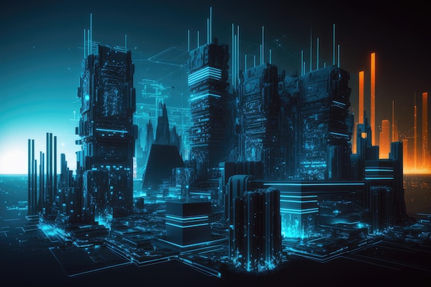 Toekomstige stad van cyberspace in de vorm van hologram digitale virtualiteit toekomstige technologische robotwereld