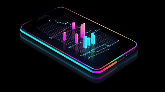 Toepassing van smartphone met zakelijke grafiek en analysegegevens op isometrische mobiele telefoon