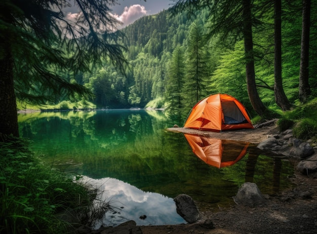 Toerismeconcept Dageraad in een mistig bos met een eenzame tent Man woont in het bos