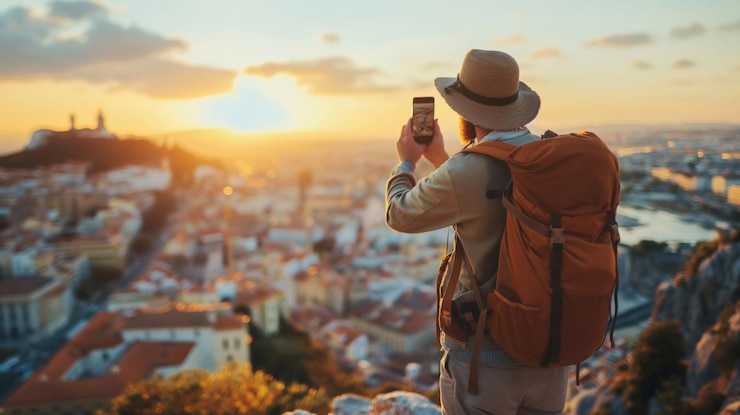 Foto toerist die een selfie maakt voor de stad