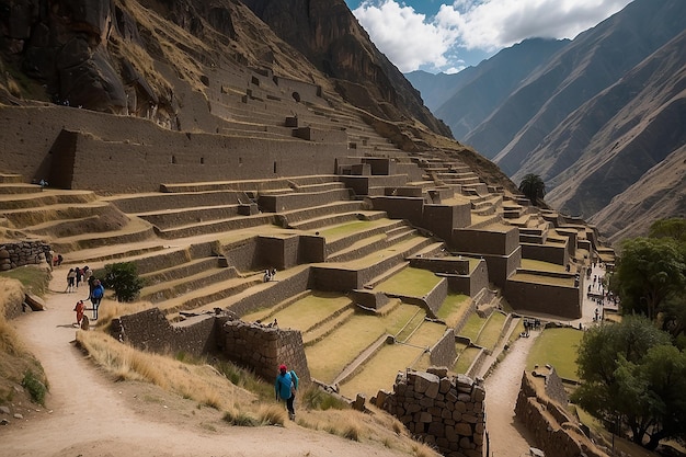 Toerist verkent de Inca-paden en de archeologische vindplaats in de heilige vallei van Ollantaytambo.