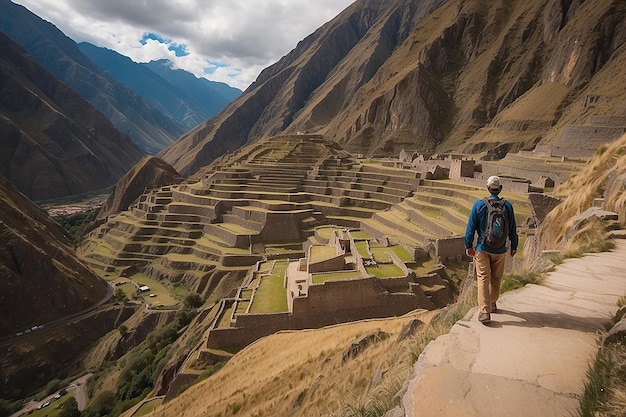 Toerist verkent de Inca-paden en de archeologische vindplaats in de heilige vallei van Ollantaytambo.