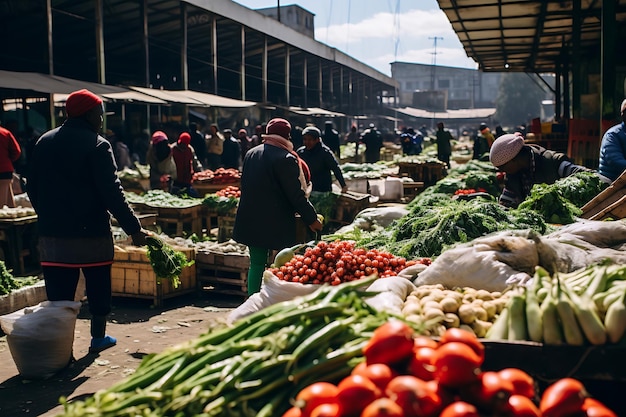 Foto toeristen die een levendige lokale markt verkennen