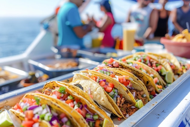 Toeristen eten heerlijke traditionele Mexicaanse straatvoedsel tacos op een cruise