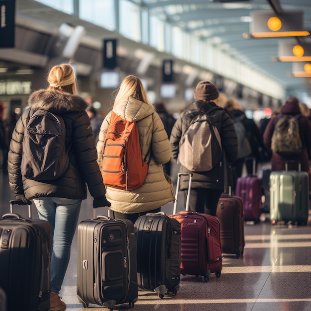 Foto toeristen staan met bagage in de rij in de gegenereerde luchthaventerminal