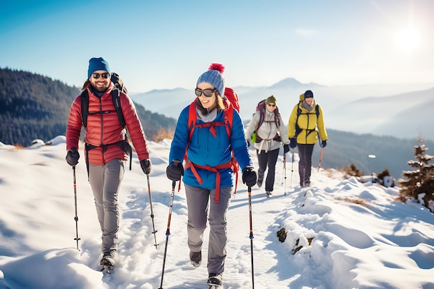 Toeristengroep klimt naar de top van een besneeuwde berg Professionele wandeling Klimteam