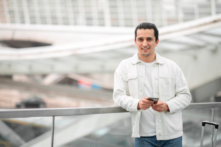 Toeristenmens die mobiele telefoon gebruikt die berichten verzendt die zich op moderne luchthaven bevinden