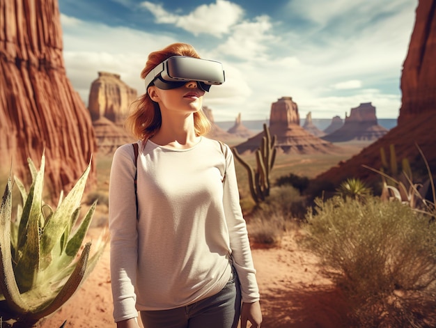 toeristenvrouwen in de virtuele wereld van de woestijn van Arizona, de toekomstige toerismeomgeving ai gegenereerd