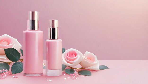 Toeristische cosmeticaflessen op zachte roze achtergrond met kopieerruimte