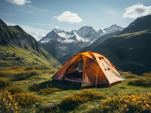 toeristische tent kamperen in de bergen bij zonsondergang in de winter