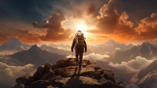 Toeristische wandelaar met rugzak en trekkingstokken die op een rotsachtige besneeuwde berg steile helling beklimt op achtergrond van een mistige vallei gevuld met witte opgeblazen wolken Generatieve AI