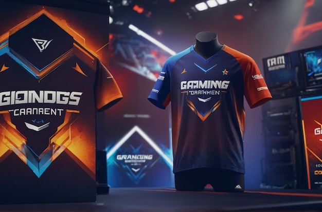 Foto toernooi branding showcase voeg het logo toe aan gaming setups jerseys en event banner