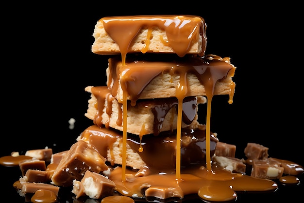 Photo toffee candies and liquid caramel splashes