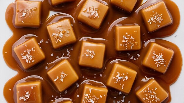 Toffee candies with caramel sauce and salt isolated on white